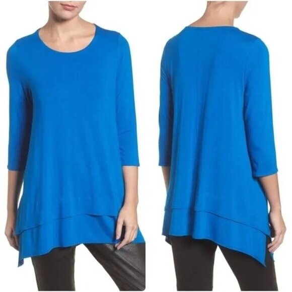 EILEEN FISHER Tiered Handkerchief Hem Viscose Tunic In Catalina Medium - Picture 1 of 6